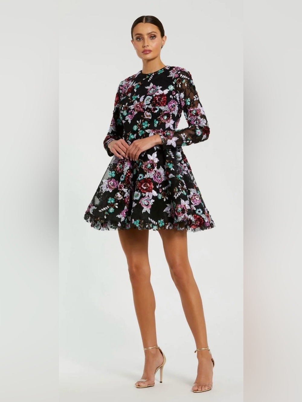 Mac Duggal Black Floral Embroidered Mini Dress